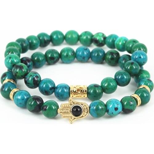2pcs New natural phoenix green gold color round stone beads men bracelet beaded hamsa hand charm women bracelet