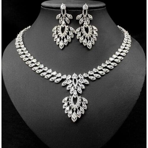 2020 Brilliant CZ Zirconia Big Long Chandelier Drop Earrings Necklace Bridal Jewelry Sets Wedding Dress Accessories