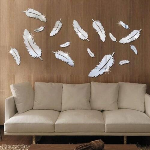 8Pcs/Set Feather Shape Mirror DIY Decorative Wall Sticker Living Room Home Decor Mirrors