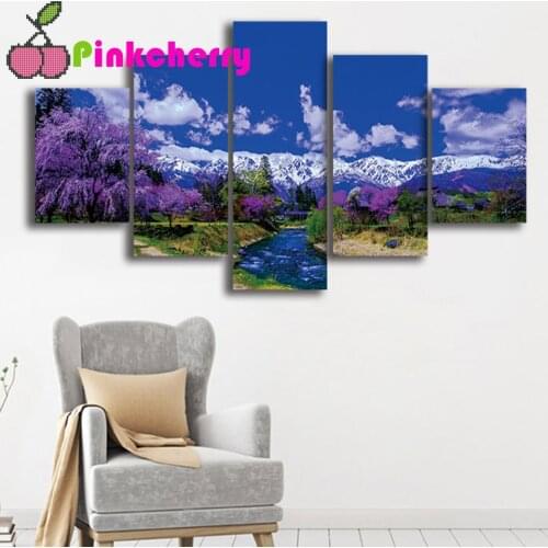 5 Panel diamond embroidery Snow Mountains And Rivers Natural,full round drill 3d cross stitch mosaic diamond painting k1100