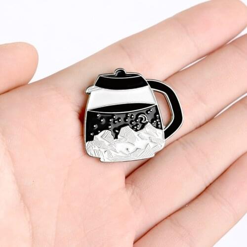 Black white teapot coffee pot enamel brooch Mountains trees stars moon and night Outdoor adventure badge Creative gifts