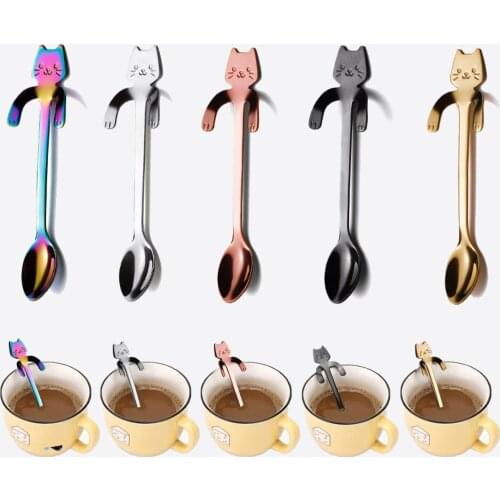 Cute Cartoon Cat Coffee Spoon 304 Stainless Steel Hanging Cup Long Handle Spoon Coffee Drinking Tools Kitchen Gadget Teaspoons