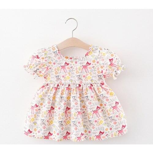 Baby Girls Cotton Puff Sleeve Cute Princess Dresses Summer Graffiti Print Backless Casual and Party Dress