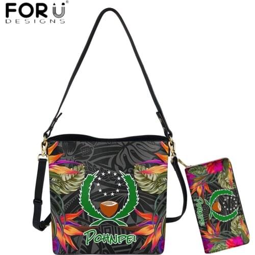 FORUDESIGNS Fashion Bucket Women Shoulder Bag And Purse Set Pohnpei Polynesian Tribal Hibiscus Printing PU Lady Messenger Bolsas