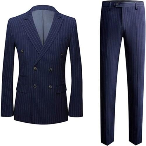 Men Stripe Suit Slim Business Work Party Suits Office Daily Life Wedding Groom Banquet Prom 2-Piece Double Breasted Blue Black