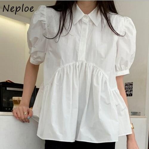 Neploe Elegant Fashion Short Sleeve White Shirt Women Solid Color Turn Down Collar Blouse Female Korean Style Blusas Mujer 1E655