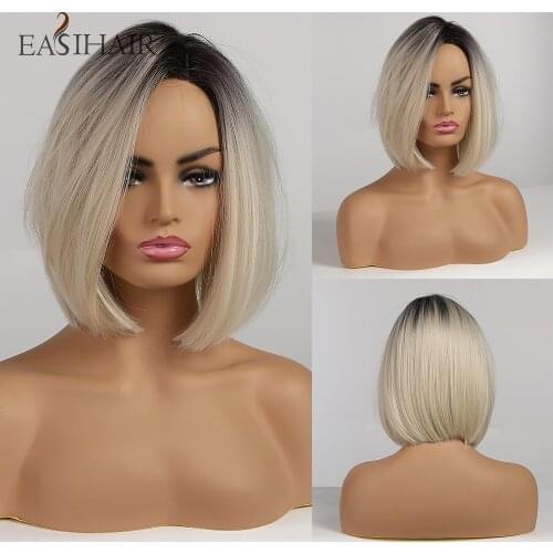 EASIHAIR Short Blonde Ombre BOB Wigs for Women Heat Resistant Synthetic Wigs High Temperature Fiber Straight Bob Wig Cosplay