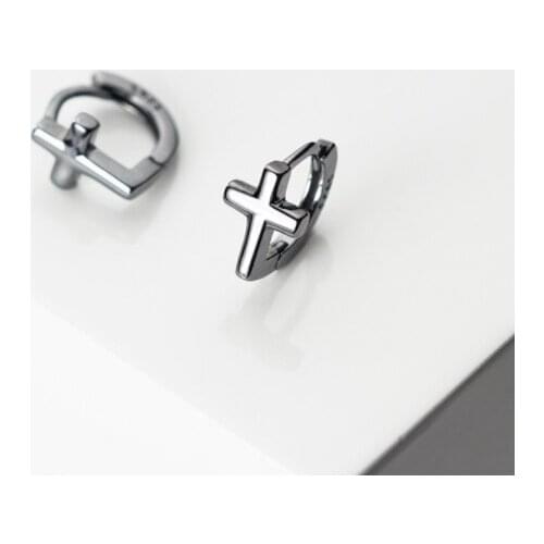 Authentic 100% REAL. 925 Sterling SIlver Fine Black enamel /White Cross Ear-bone hoop huggie Earrings C-G3601