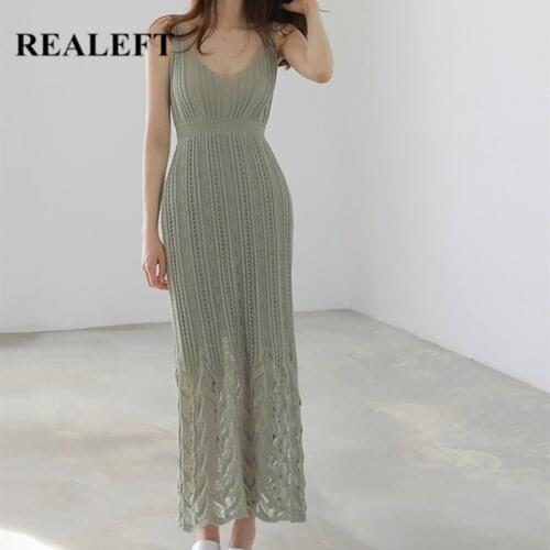 REALEFT Summer 2021 New Knitting Sweater Womens Long Dresses V-Neck Casual Korean Lady Lace Sexy Strap Party Dresses Female