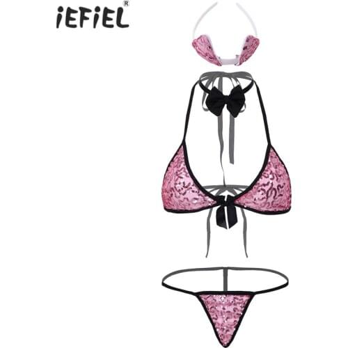 Sexy Womens Shiny Sequins Exotic Lingerie Set Nightwear Halter Neck Bikini Bra Top Sex Sets with G-string Hot Womens underwear