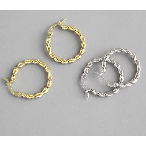 Real 925 sterling silver double layer twisted wire hoop earrings for women pendientes mujer, vintage gold color earings jewelry