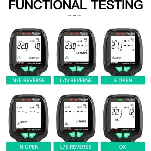 FUYI Digital Smart Socket Tester Ground Zero AC Voltage Detector US/UK/EU Plug 30V-250V RCD GFCI Polarity Phase Check