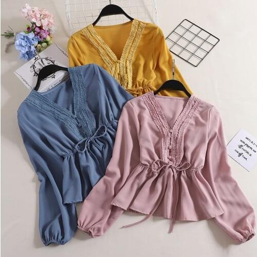 2021 Spring Autumn V-Neck Lantern Sleeve Bandage Lace Flower Chiffon Ruffle Bow Shirt Lady Elastic Short Slim Button Blouse Tops