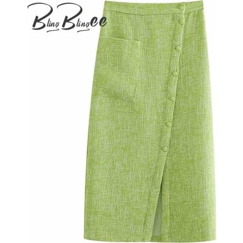 BlingBlingee Za 2021 Autumn Woman Traf Midi Skirt Button Split Side Tweed Woolen High Waist Green Pencil Skirt Casual Jupe Femme