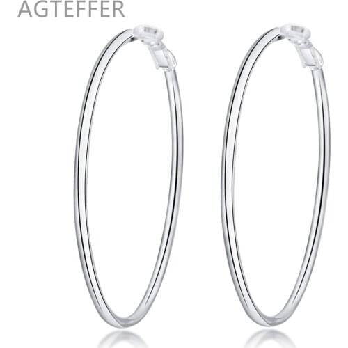 AGTEFFER 925 Sterling Silver Smooth 50/60/70/80mm Round Circle Hoop Earrings For Women Fashion Charm Engagement Wedding Jewelry