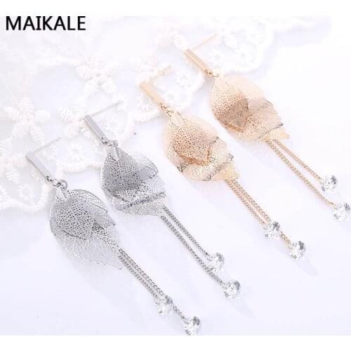 MAIKALE Classic Stud Earrings Gold Copper Leaf Shape Tassel earrings Long AAA CZ Zirconia Korean Earrings For Women Gifts