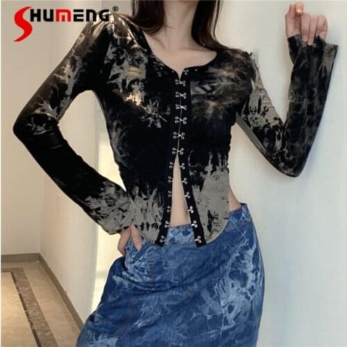 Womens New Black Long Front and Short Back Irregular Tees Tops 2021 Early Fall Long Sleeve Tie-Dye Cardigan T Shirt Female