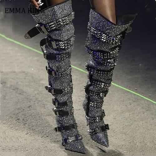 2020 Rhinestone Buckle Over The Knee High Boots Women Unique Iron Heel Boots Pointed Toe Ladies Bling Bling Crystal Dress Boots