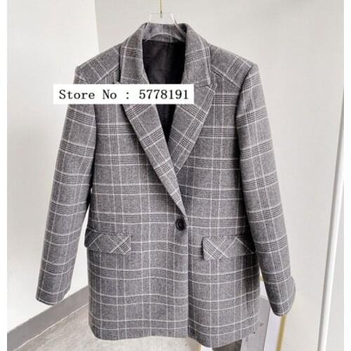 Plaid Woman Grey Checked Blazer Single Button Long Sleeves Lapel Collar with letter Patch Fashion Suits 2020