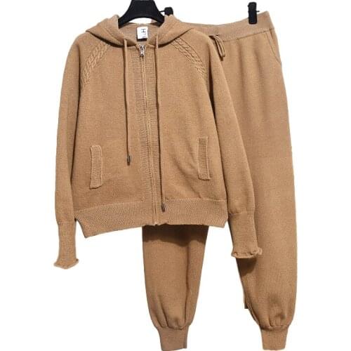 Autumn Two Piece Set Women Hooded Loose Zip Jacket Coat Knitted Sweater + Casual Tracksuit Little Feet Knit Pants Set Winter