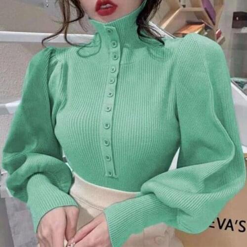 Women Solid Color Stand Collar Sweater Coat Autumn Winter Bottoming Shirts Puff Sleeve OL Knitted Cardigan Single-breasted Tops