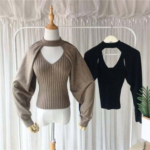 Women Knitted Sling Two Piece Set Sweater 2020 New Fashion Crop Top Pullover High Quality Sexy Lady Sweaters