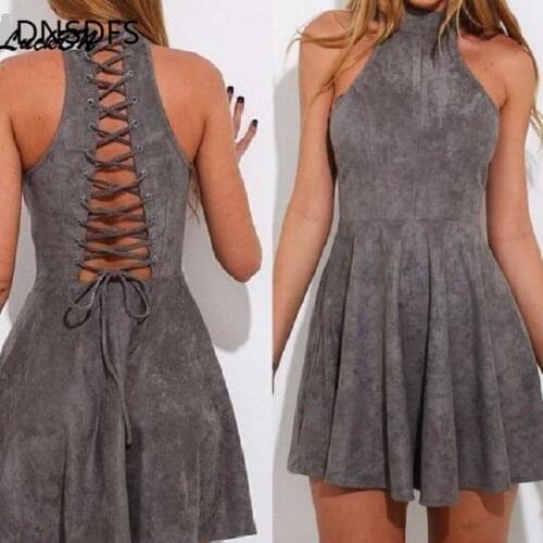 Sexy Sleeveless Halter Hallow Backless Dress Women Off Shoulder Slim Mini Bandage Dress Grey Black Club Street vestido de festa