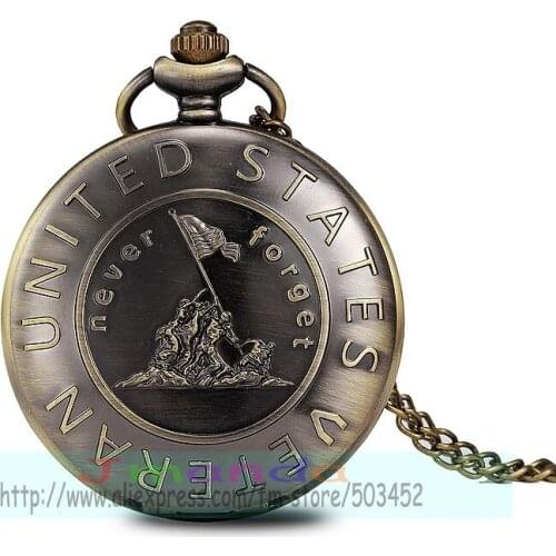 100pcs/lot 0006# Never Forget The History Retro Bronze Pocket Watch With Chain Best Gift To United States Veterans Young People