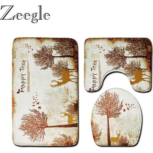 3Pcs/Set Happy Tree Printed Bathroom Bath Mat Set Toilet Carpet Non-Slip Bath Rug Toilet Lid Cover Shower Room Rug Floor Mats