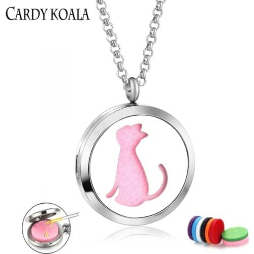 316L Cute Kitty Back View Hollow Pattern Aromatherapy Essential Oil Pendant Couple Necklace