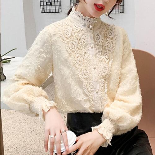Blouse Women 2020 Autumn Winter Shirt Chiffon Lace Plush Lace Stand Collar Top Blusas Ropa De Mujer