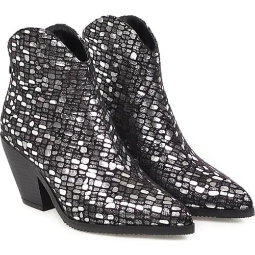 Boots Women Pointed Toe Mid Heel Ankle Boots Thick Square Heel Slip On Western Boots Cowboy Boots Women сапоги женские 33-43