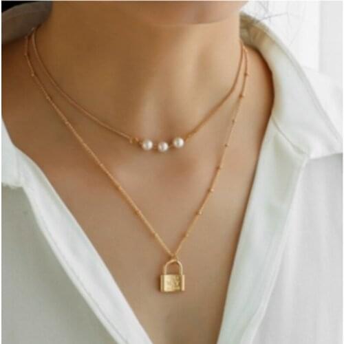HuaTang 2021 Vintage Gold Lock Pearl Pendant Necklace for Women Double Layer Clavicle Chain Choker Female Party Jewelry Gif