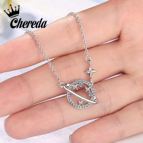 Chereda 2019 New Zircon Pendants Planet Necklace For Women Crystal Round Sliver Color Long Necklaces Fashion Jewelry Gift