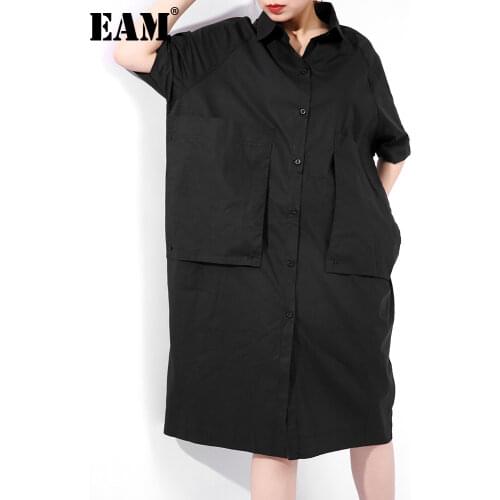 [EAM] 2021 New Spring Summer Lapel Half Sleeve Black Pocket Split Joint Loose Big Size Shirt Dress Women Fashion JT54001