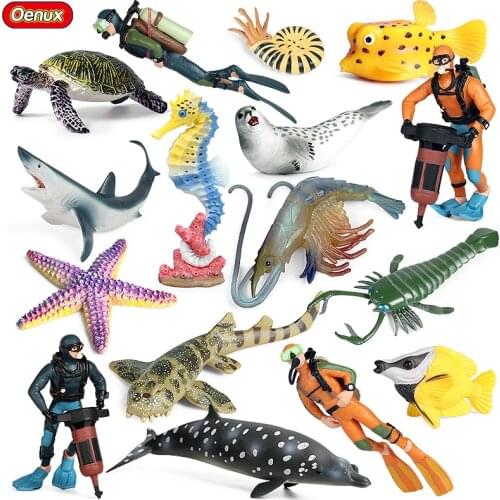 Oenux Sea Life Animals Diver Whale Shark Shrimp Carb Fish Turtle Action Figures Ocean Model Aquarium PVC Educational Kids Toy