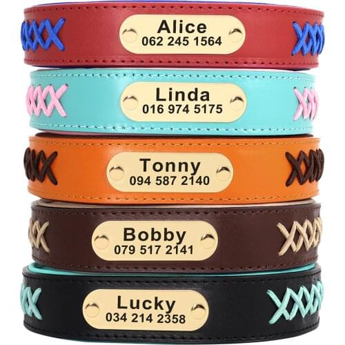 Personalized Dog Collar Leather Padded Dogs Braided Collars Free Engraving Pet ID Tag Name Plate for Small Medium Large Dogs
