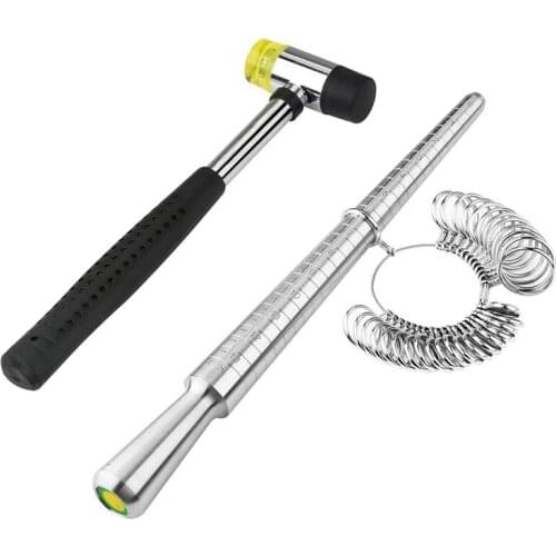 Ring Size Measuring Tool with Metal Ring Mandrel, Ring Gauges Finger Sizer and Rubber Jewelry Hammer for Jewelry Making