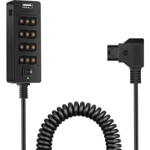 Neewer Cable D-Tap Male to 4-port DTap Female Coiled Splitter Cable for V-Mount Battery,Dtap Fourway Splitter with Switch Button