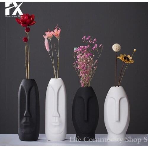 New creative white black avatar abstract human head art face ceramic vase modern living room flower shop decoration ornaments