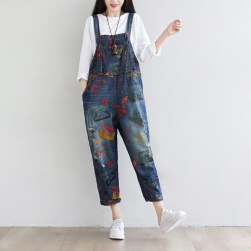 Women Loose Printed Ripped Denim Jumpsuits Ladies Vintage Holes Denim Overalls Female 2020 Summer Autumn Denim Rompers