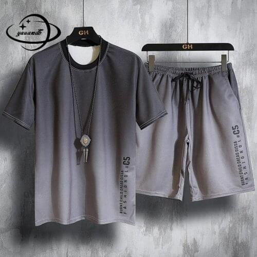 M-3xl Mens Set Summer Male O-Neck Short Sleeve T-Shirt+Pants 2pcs Suits Loose Patchwork Casual Comfortable Clothes Hy30