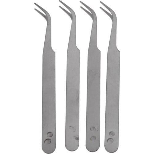 Silver Tone 5 Inch Length Metal Bent Tip Tweezers 4 Pcs