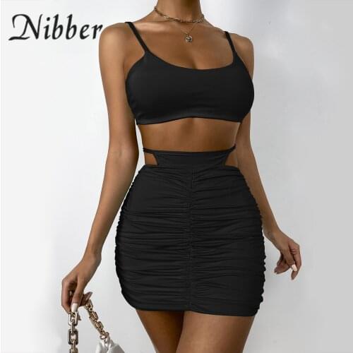 Nibber Solid Color Fashion Two-Piece Suit Short Sleeveless Camisole + Mini Hollow Skirt For Sexy Women Party Night Clubwear