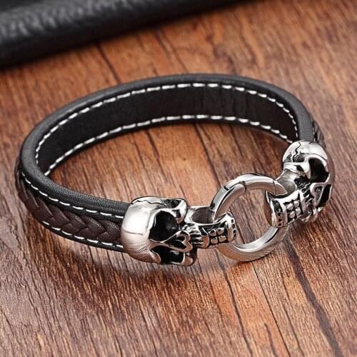 Cuff Chain Bracelet Men Hidden-safety-clasp Stainless Steel Rope Bracelets Genuine Leather Bracelets for women 21cm size Choose