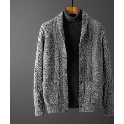 New Autumn Mens Thick Sweatercoat Jacquard Turn Collar Button Sweater Coat Outerwear Winter Jacket Cashmere Liner Sweaters 3XL