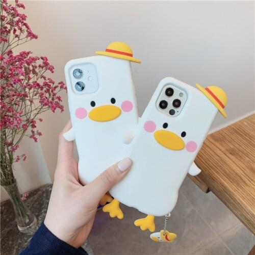 Cute 3D Wear hat ducks kid girl gift For iphone 12 11 pro max mini XR XSmax 6 7 8 Plus SE2 with pendant Soft Silicone Phone Cas