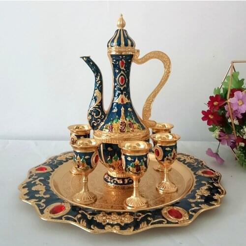 12" Plate Gold Castle Pattern Color Metal Wine Set Tea Set Fashion Zinc Alloy Wine Set Home Decoration