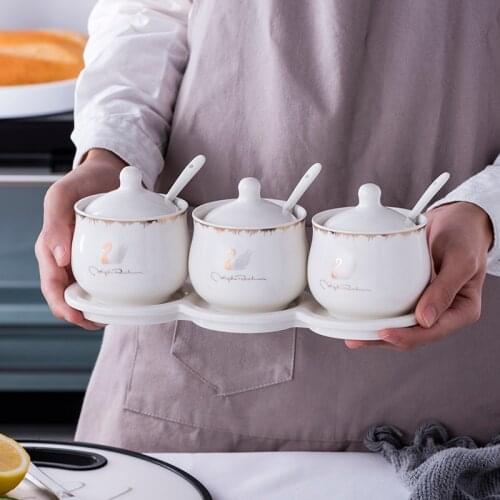 Ceramic Seasoning Jar Set Spice Box Kit Kitchen Supplies Seasoning Bottle Salt Pot Three-piece Ceramic Tray Bamboo Wood Tray