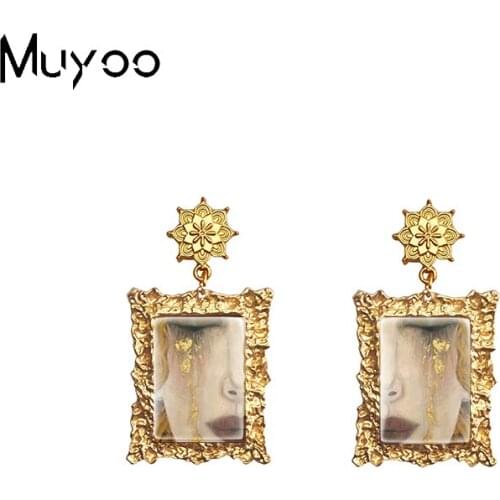 New Vintage Drop Earrings Gustav Klimt Paintings Golden Tears Mother and Child Oil Paintings Retro Mandala Rectangle Dangles